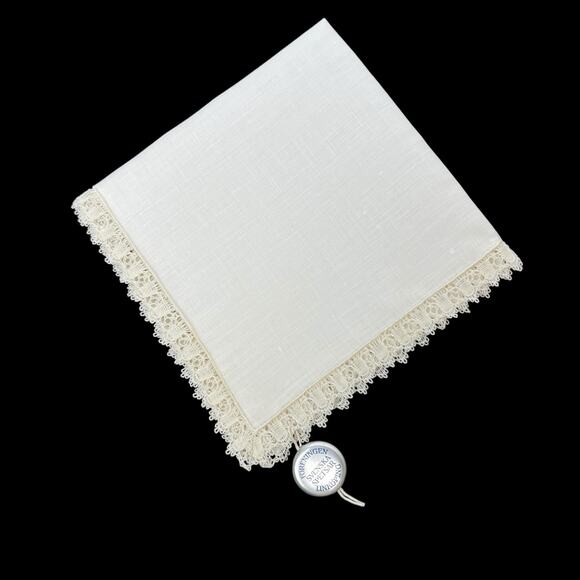 Handkerchief Sweden Vintage Ivory Beige Linen Delicate Swedish Lace Trim 8x8 - Picture 1 of 7